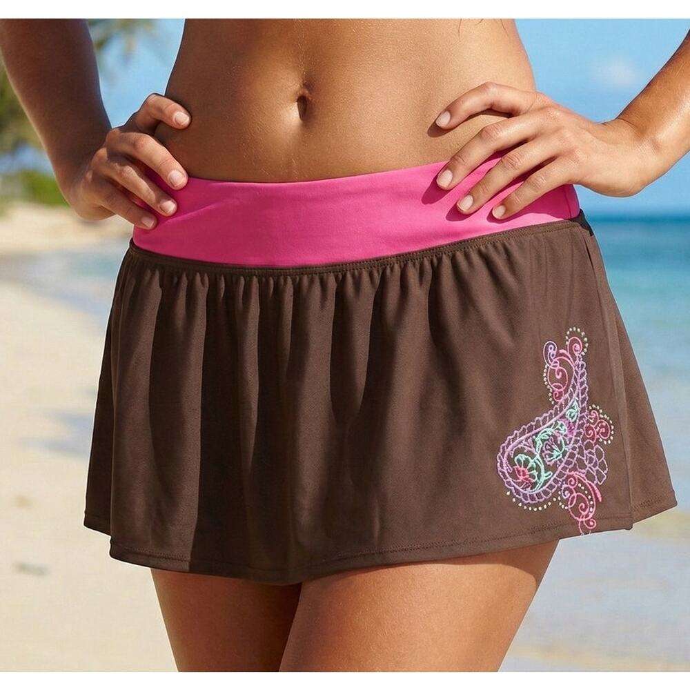 Sonoma Womens Brown Pink Swim Skort Medium Nylon Embroidery
